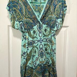Angie Floral V-Neck Dress in Blue and Gold